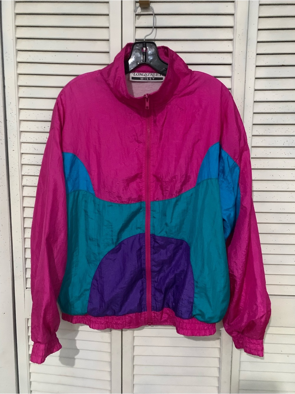 Vintage 1980s Longstreet Missy Color Block Full Zip Front Nylon Jacket L/XL